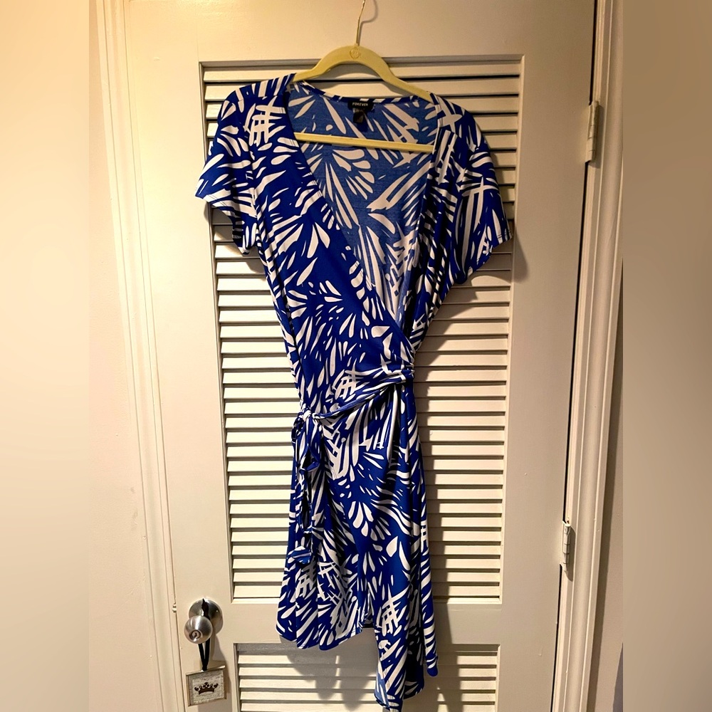 Forever Blue and White Wrap Tie Cocktail Dress